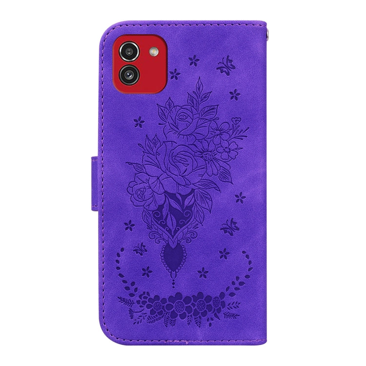 For Samsung Galaxy A03 166mm Butterfly Rose Embossed Leather Phone Case
