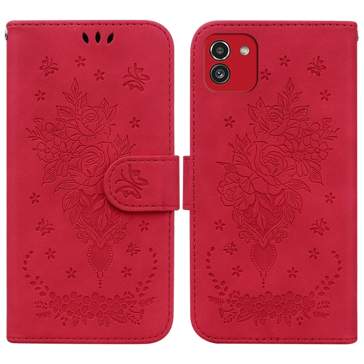 For Samsung Galaxy A03 166mm Butterfly Rose Embossed Leather Phone Case
