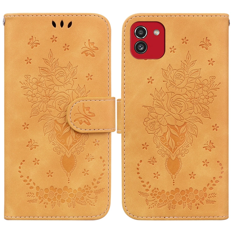 For Samsung Galaxy A03 166mm Butterfly Rose Embossed Leather Phone Case