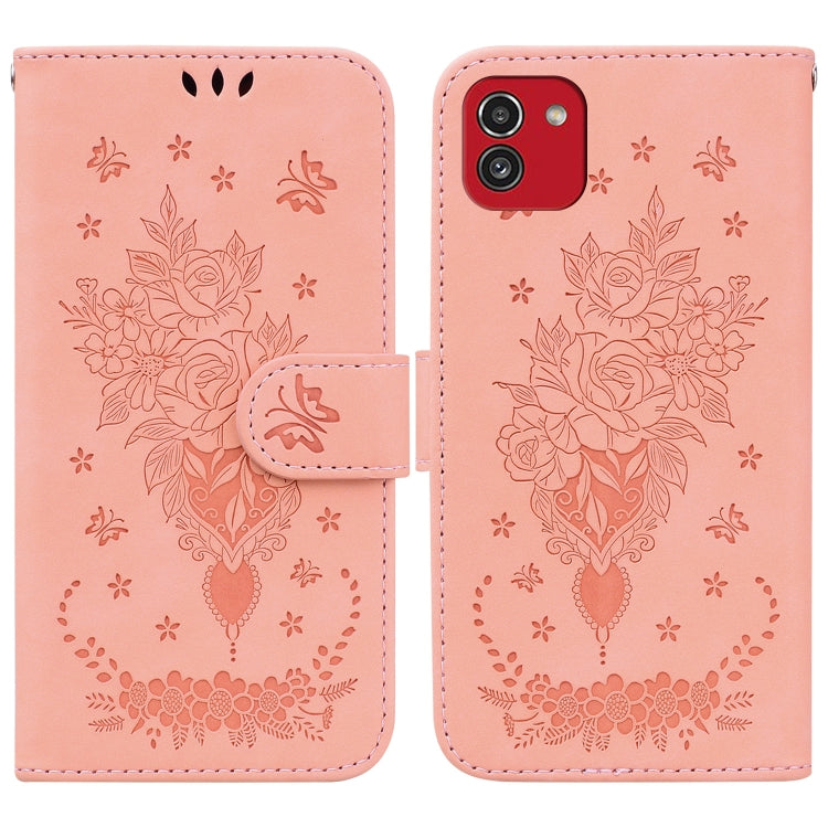 For Samsung Galaxy A03 166mm Butterfly Rose Embossed Leather Phone Case