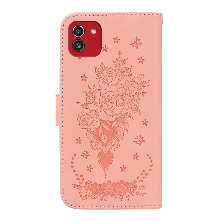 For Samsung Galaxy A03 166mm Butterfly Rose Embossed Leather Phone Case
