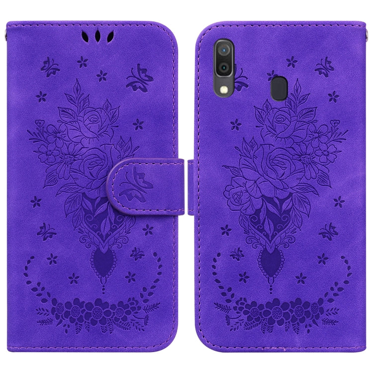 For Samsung Galaxy A20 / A30 Butterfly Rose Embossed Leather Phone Case
