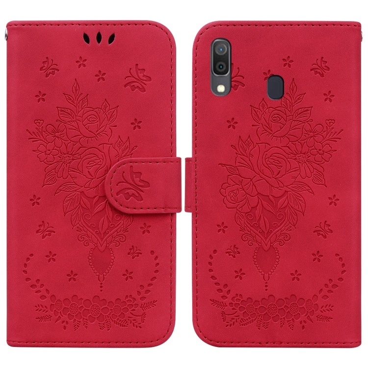 For Samsung Galaxy A20 / A30 Butterfly Rose Embossed Leather Phone Case