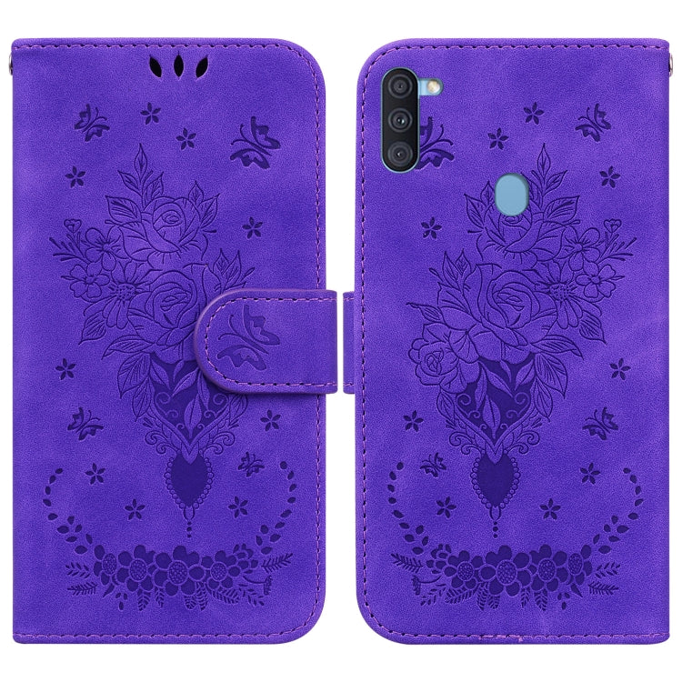 For Samsung Galaxy A11 / M11 EU Version Butterfly Rose Embossed Leather Phone Case