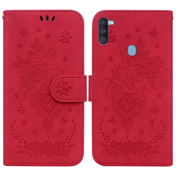 For Samsung Galaxy A11 / M11 EU Version Butterfly Rose Embossed Leather Phone Case