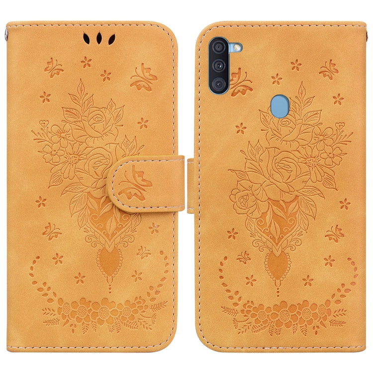 For Samsung Galaxy A11 / M11 EU Version Butterfly Rose Embossed Leather Phone Case