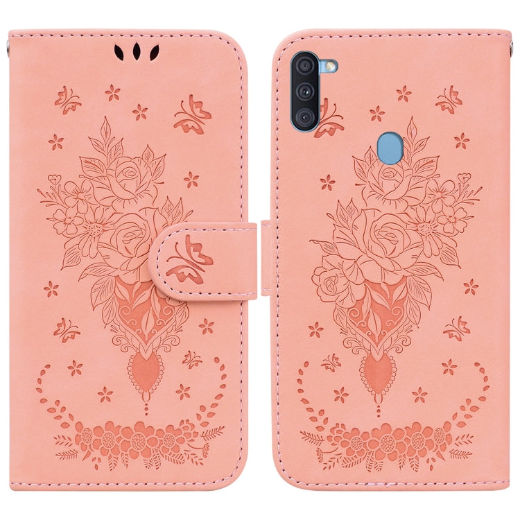 For Samsung Galaxy A11 / M11 EU Version Butterfly Rose Embossed Leather Phone Case