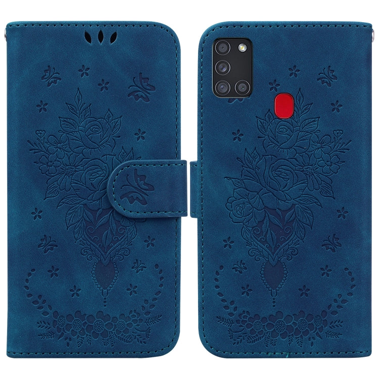 For Samsung Galaxy A21s Butterfly Rose Embossed Leather Phone Case
