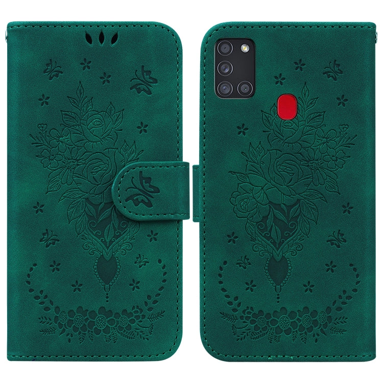 For Samsung Galaxy A21s Butterfly Rose Embossed Leather Phone Case