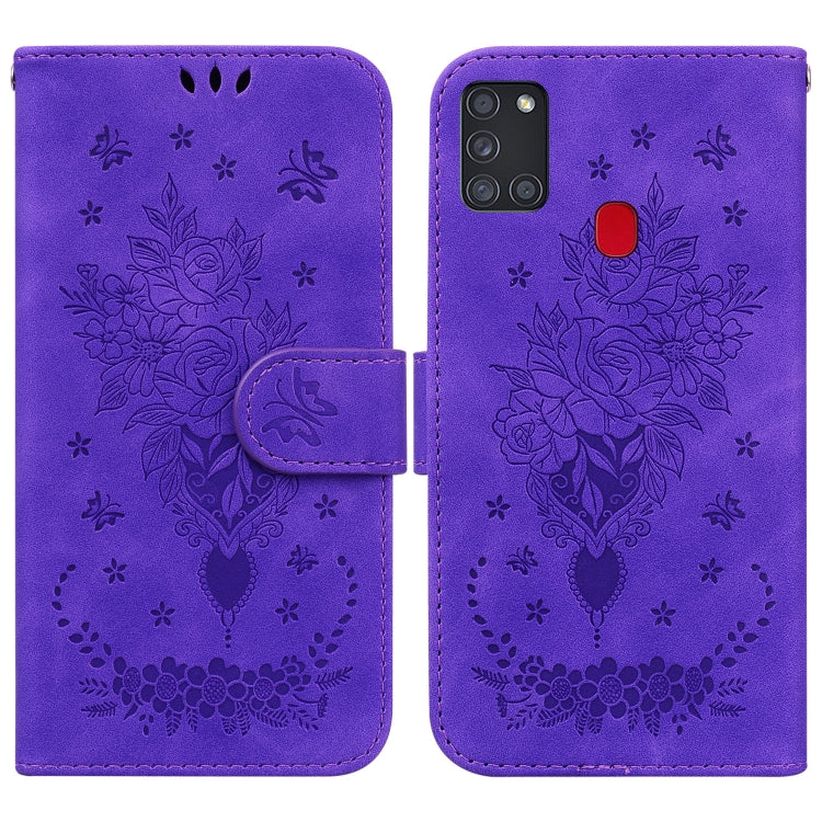 For Samsung Galaxy A21s Butterfly Rose Embossed Leather Phone Case