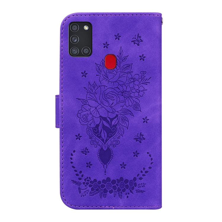 For Samsung Galaxy A21s Butterfly Rose Embossed Leather Phone Case