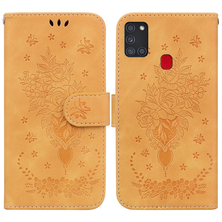 For Samsung Galaxy A21s Butterfly Rose Embossed Leather Phone Case