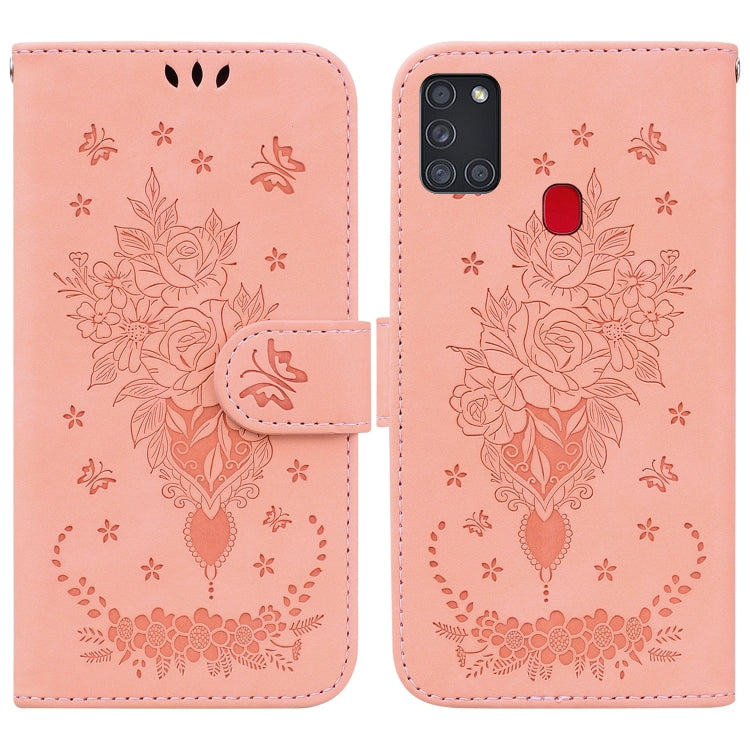 For Samsung Galaxy A21s Butterfly Rose Embossed Leather Phone Case