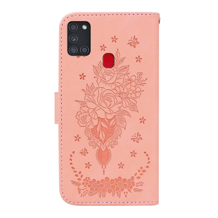 For Samsung Galaxy A21s Butterfly Rose Embossed Leather Phone Case