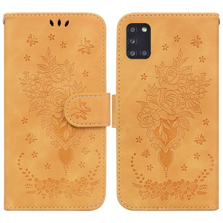 For Samsung Galaxy A31 Butterfly Rose Embossed Leather Phone Case