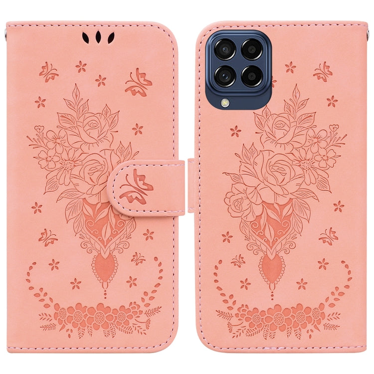 For Samsung Galaxy M53 5G Butterfly Rose Embossed Leather Phone Case