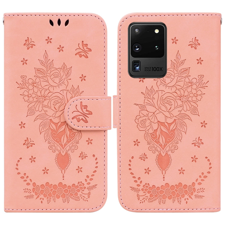 For Samsung Galaxy S20 Ultra Butterfly Rose Embossed Leather Phone Case