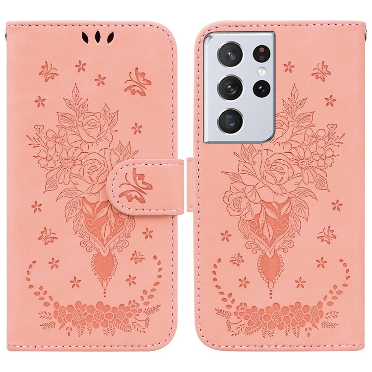 For Samsung Galaxy S21 Ultra 5G Butterfly Rose Embossed Leather Phone Case
