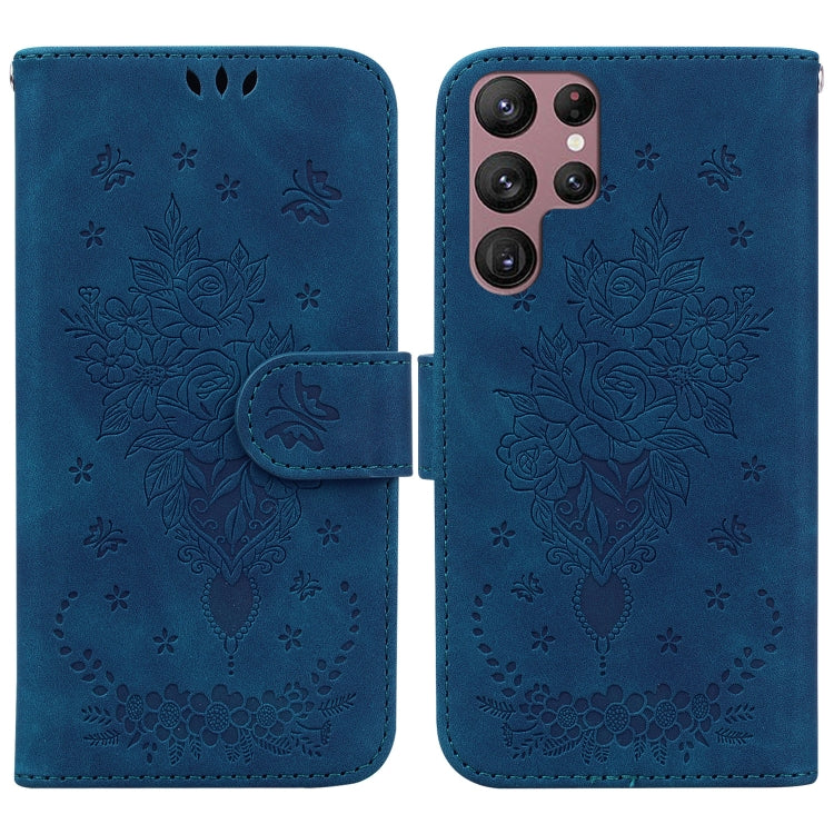 For Samsung Galaxy S22 Ultra 5G Butterfly Rose Embossed Leather Phone Case