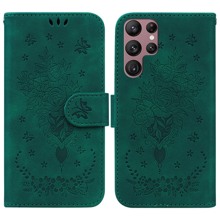 For Samsung Galaxy S22 Ultra 5G Butterfly Rose Embossed Leather Phone Case