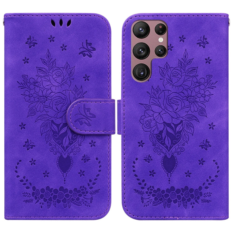 For Samsung Galaxy S22 Ultra 5G Butterfly Rose Embossed Leather Phone Case