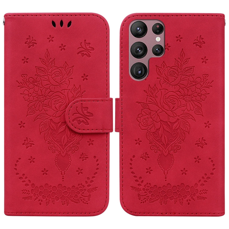 For Samsung Galaxy S22 Ultra 5G Butterfly Rose Embossed Leather Phone Case