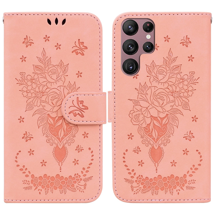 For Samsung Galaxy S22 Ultra 5G Butterfly Rose Embossed Leather Phone Case
