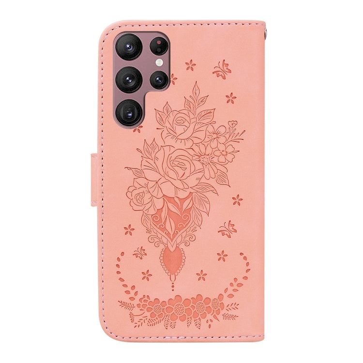 For Samsung Galaxy S22 Ultra 5G Butterfly Rose Embossed Leather Phone Case