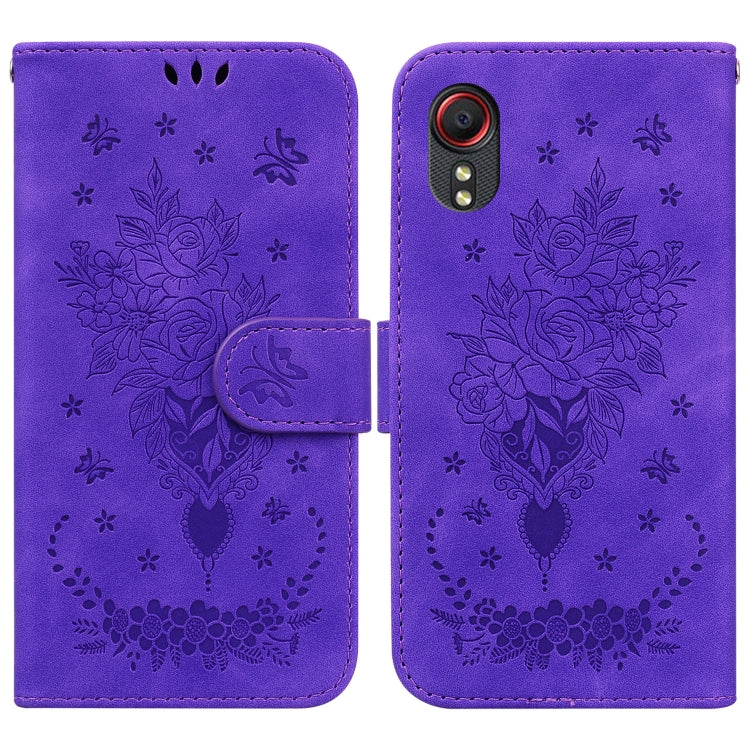 For Samsung Galaxy Xcover 5 Butterfly Rose Embossed Leather Phone Case