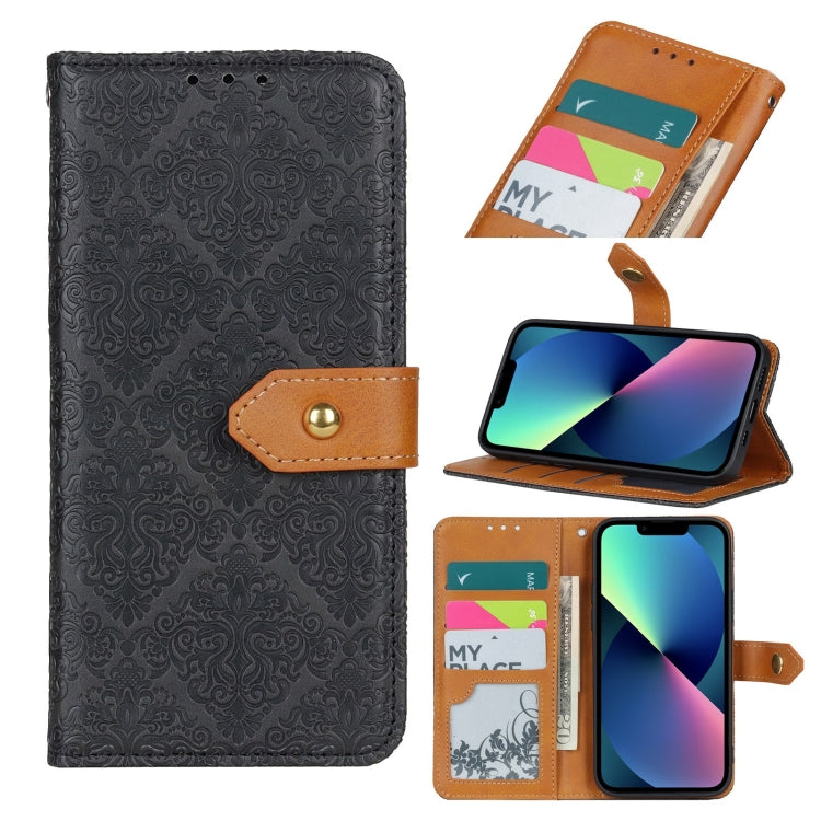 For iPhone 14 European Floral Embossed Copper Buckle Horizontal Flip PU Leather Phone Case