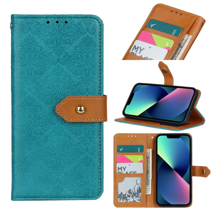 For iPhone 14 Plus European Floral Embossed Copper Buckle Horizontal Flip PU Leather Phone Case