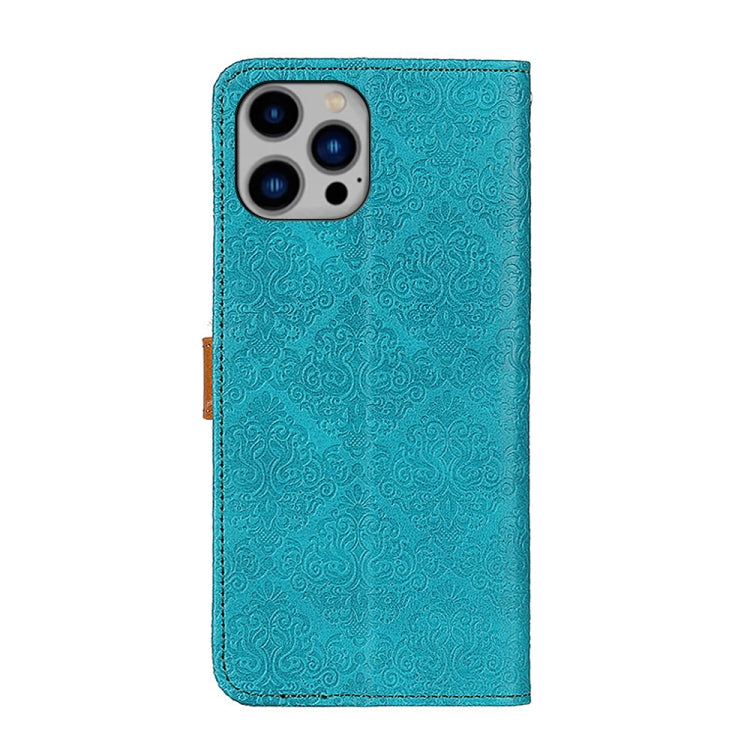 For iPhone 14 Plus European Floral Embossed Copper Buckle Horizontal Flip PU Leather Phone Case