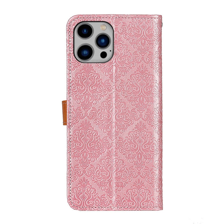 For iPhone 14 Plus European Floral Embossed Copper Buckle Horizontal Flip PU Leather Phone Case