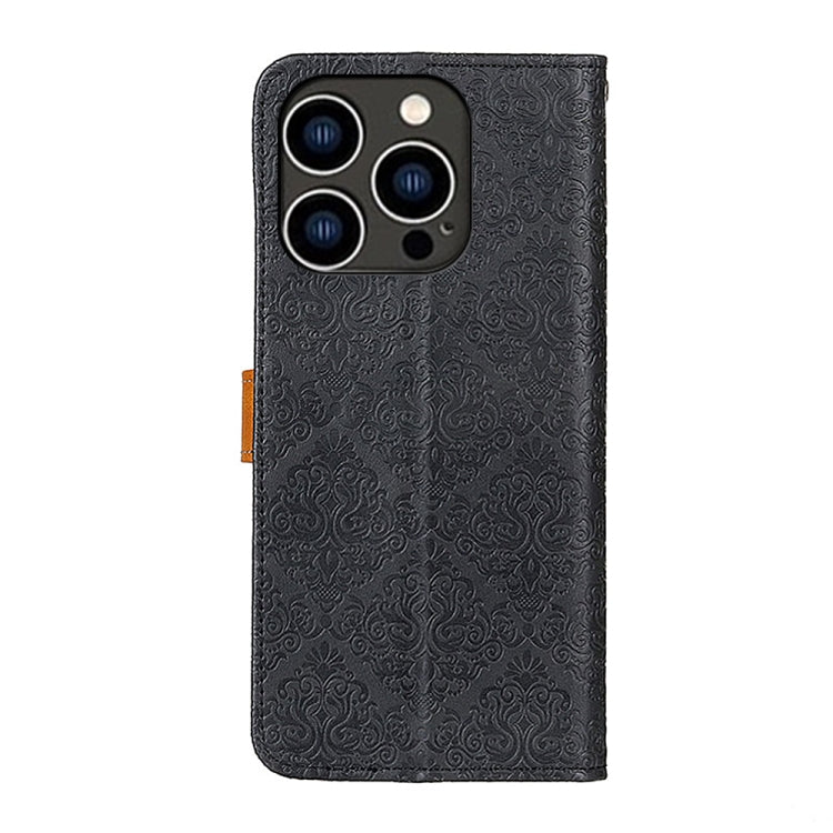 For iPhone 14 Pro European Floral Embossed Copper Buckle Horizontal Flip PU Leather Phone Case