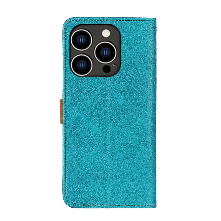 For iPhone 14 Pro European Floral Embossed Copper Buckle Horizontal Flip PU Leather Phone Case