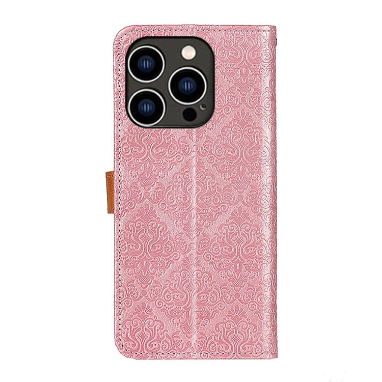 For iPhone 14 Pro European Floral Embossed Copper Buckle Horizontal Flip PU Leather Phone Case