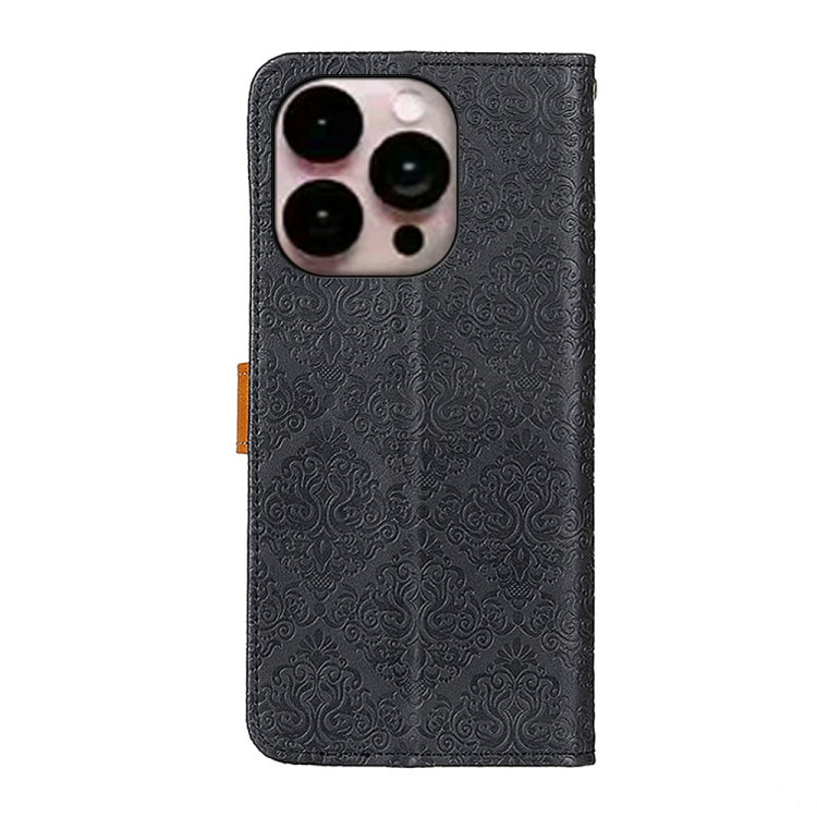 For iPhone 14 Pro Max European Floral Embossed Copper Buckle Horizontal Flip PU Leather Phone Case