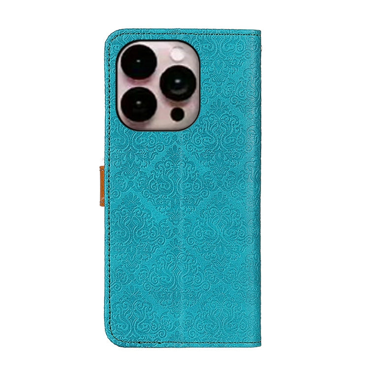 For iPhone 14 Pro Max European Floral Embossed Copper Buckle Horizontal Flip PU Leather Phone Case