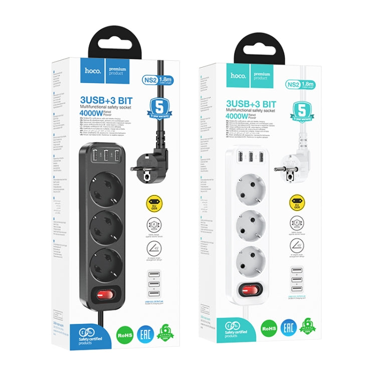 hoco NS2 3-position + 3-USB Extension Cord Socket, EU Plug