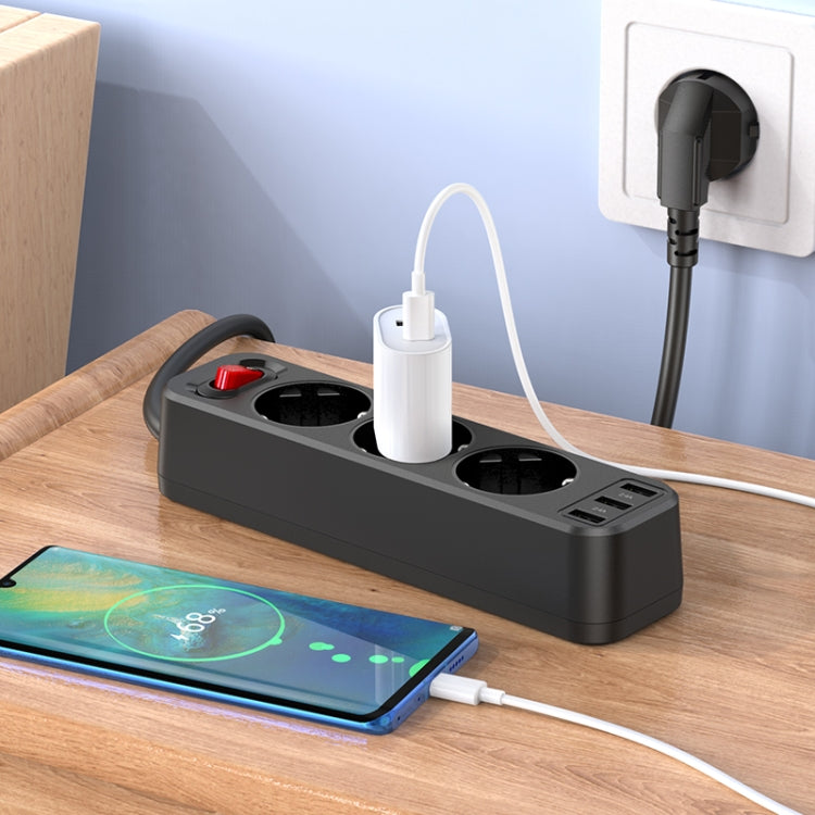 hoco NS2 3-position + 3-USB Extension Cord Socket, EU Plug