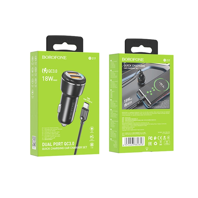 Borofone BZ17 Dual USB Ports QC3.0 Car Charger with Type-C / USB-C Charging Cable(Black)