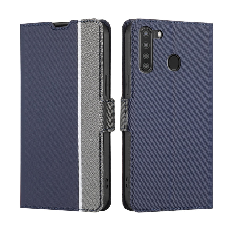 For Samsung Galaxy A21 Twill Texture Side Button Leather Phone Case