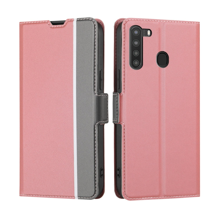 For Samsung Galaxy A21 Twill Texture Side Button Leather Phone Case