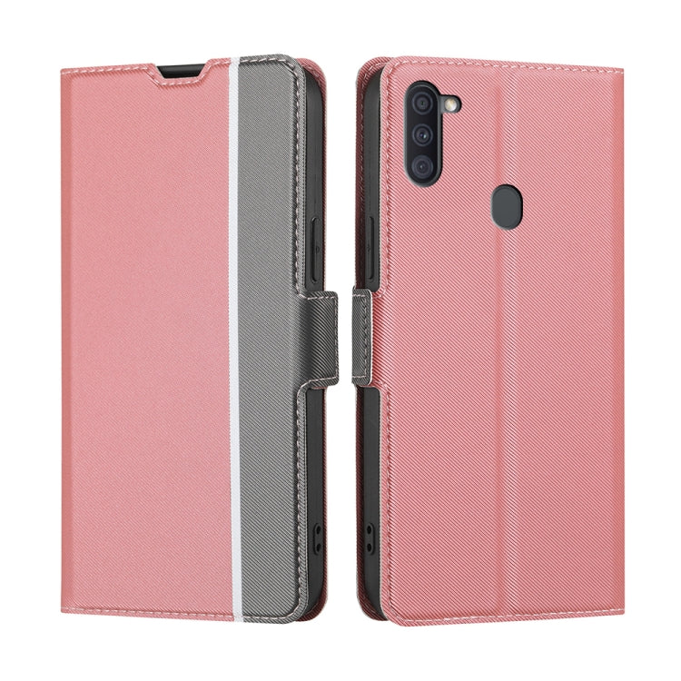 For Samsung Galaxy A11 US Twill Texture Side Button Leather Phone Case