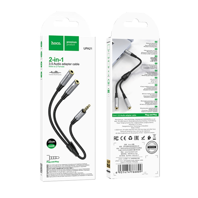 hoco UPA21 2 in 1 3.5mm Male to 2 x Female Headset Audio Adapter Cable(Metal Grey)