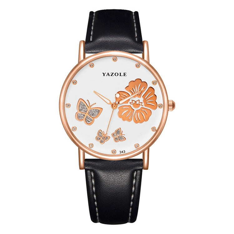 YAZOLE 343 Leather Band Butterfly Flower Diamond Lady Watch