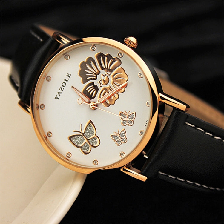 YAZOLE 343 Leather Band Butterfly Flower Diamond Lady Watch