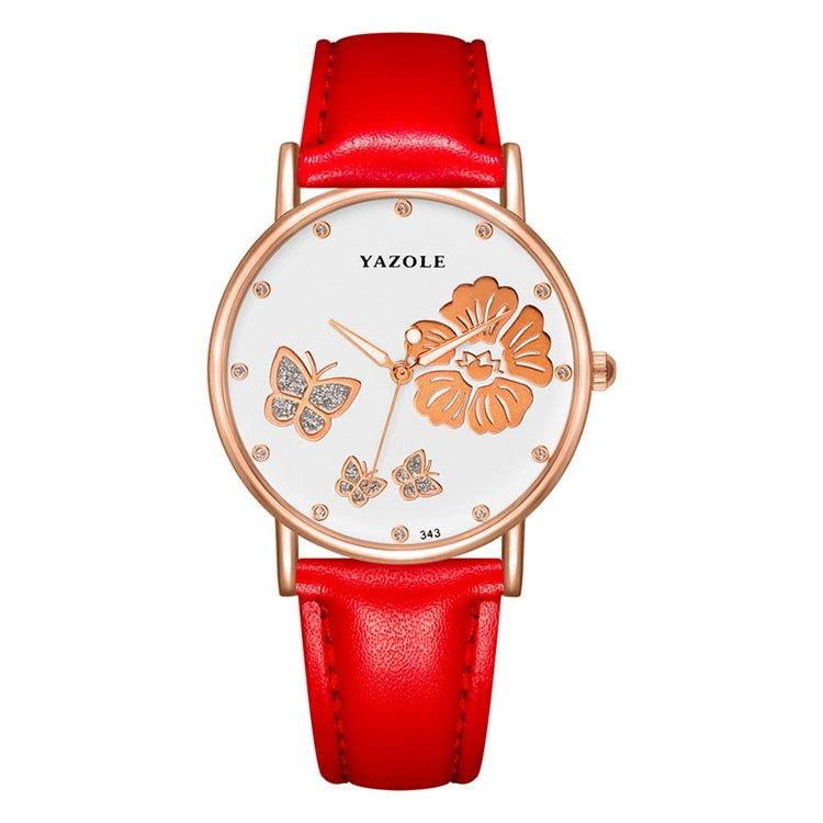 YAZOLE 343 Leather Band Butterfly Flower Diamond Lady Watch