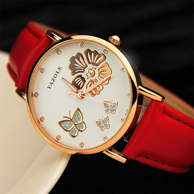 YAZOLE 343 Leather Band Butterfly Flower Diamond Lady Watch