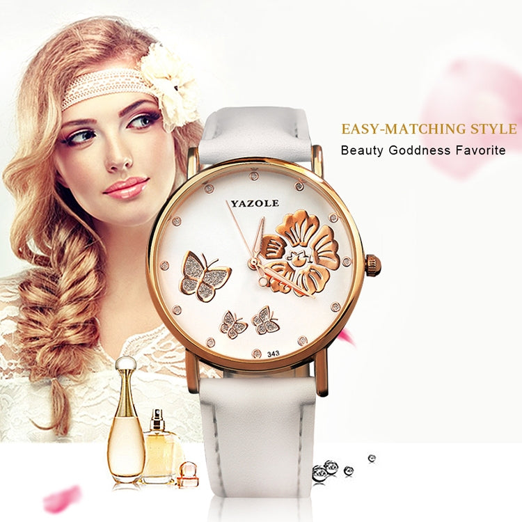 YAZOLE 343 Leather Band Butterfly Flower Diamond Lady Watch